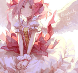 Rule 34 | 1girl, 2011, angel wings, artist name, backlighting, breasts, bubble skirt, center frills, choker, closed mouth, collarbone, colored eyelashes, feathered wings, frilled skirt, frilled sleeves, frills, gloves, hair ribbon, happy, happy birthday, kaname madoka, light blush, light particles, looking at viewer, mahou shoujo madoka magica, mahou shoujo madoka magica (anime), no nose, parted bangs, pink eyes, pink hair, pink ribbon, pink theme, puffy short sleeves, puffy sleeves, red choker, rella, ribbon, short sleeves, short twintails, skirt, small breasts, smile, solo, soul gem, twintails, upper body, v arms, white gloves, white skirt, white wings, wings