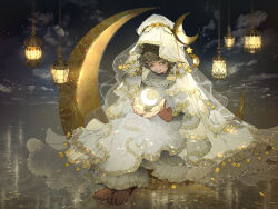 Rule 34 | 1girl, artist name, barefoot, bridal veil, brown eyes, brown hair, brown tassel, commentary request, crescent, crescent hat ornament, cupping hands, demizu posuka, dress, full body, glowing, hanging lantern, hat ornament, highres, lantern, layered dress, non-web source, on crescent, open mouth, original, outdoors, own hands together, short hair, solo, star (symbol), tassel, teeth, veil, white dress