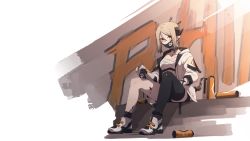 Rule 34 | 1girl, absurdres, arknights, bandages, bandeau, black thighhighs, blonde hair, breasts, chest sarashi, commentary, graffiti, highres, holding, horns, if f, ifrit (arknights), jacket, long sleeves, looking at viewer, mask, material growth, mouth mask, open clothes, open jacket, oripathy lesion (arknights), pointy ears, rhine lab logo, sarashi, shoes, short hair, sidelocks, simple background, single thighhigh, sitting, small breasts, sneakers, solo, strapless, thighhighs, tube top, white background, white footwear, white jacket, yellow eyes