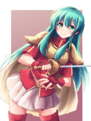 Rule 34 | 1girl, aqua hair, armor, boots, breastplate, cape, cowboy shot, eirika (fire emblem), fingerless gloves, fire emblem, fire emblem: the sacred stones, gloves, green eyes, hair between eyes, highres, holding, holding sword, holding weapon, long hair, looking at viewer, minamonochaba, nintendo, red gloves, red shirt, shirt, short sleeves, shoulder armor, sidelocks, skirt, smile, solo, sword, thigh boots, weapon, white skirt