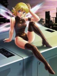 Rule 34 | 1girl, blonde hair, bodysuit, boots, breasts, closed mouth, elf 17, fairy, fairy wings, highres, leotard, looking at viewer, pointy ears, retro artstyle, ruu (elf 17), short hair, skin tight, smile, solo, tamanegiinyo, thigh boots, thighhighs, turtleneck, wings