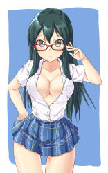 Rule 34 | 1girl, aimobake, blue background, blue skirt, blush, breasts, brown eyes, cleavage, closed mouth, collared shirt, commentary request, cowboy shot, frown, glasses, green hair, hand on own hip, highres, idolmaster, idolmaster cinderella girls, long hair, looking at viewer, medium breasts, miniskirt, ohishi izumi, outside border, partially unbuttoned, pleated skirt, red-framed eyewear, school uniform, shirt, short sleeves, skirt, solo, standing, white shirt