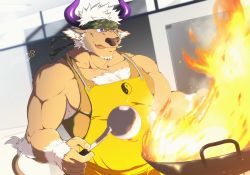 Rule 34 | 1boy, animal ears, animal nose, body fur, brown fur, camouflage, camouflage headwear, chest hair, closed mouth, cooking, cow ears, cow horns, cow tail, facial hair, fire, furry, furry male, goatee, green tank top, headband, highres, holding, holding ladle, horns, kitchen, ladle, large pectorals, male focus, minotaur, muscular, muscular male, pectorals, purple eyes, purple horns, shennong (housamo), short hair, signature, solo, tail, tank top, tokyo houkago summoners, tongue, tongue out, upper body, white hair, wok, yanai inaya, yin yang, yin yang print