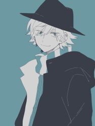 Rule 34 | 1boy, blue background, blue eyes, closed mouth, eyes visible through hair, hat, highres, hood, jacket, looking at viewer, maco22, male focus, monochrome, open clothes, original, scarf, short hair, simple background, smile, solo, striped clothes, striped scarf, upper body