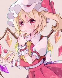 Rule 34 | 1girl, blonde hair, cake, collared shirt, crystal, fingernails, flandre scarlet, food, food on face, frilled shirt collar, frilled sleeves, frills, fruit, hat, highres, holding, holding food, long hair, mob cap, nauka, one side up, puffy short sleeves, puffy sleeves, red eyes, red skirt, red vest, shirt, short sleeves, skirt, solo, strawberry, strawberry shortcake, touhou, upper body, vest, white hat, white shirt, wings, wrist cuffs