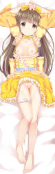 Rule 34 | 1girl, absurdres, arms up, bar censor, barefoot, bed sheet, bow, breasts, brown eyes, brown hair, censored, closed mouth, clothes lift, clothes pull, collarbone, commentary request, dakimakura (medium), detached sleeves, dress, dress lift, dress pull, feet, fingernails, full body, gluteal fold, hair bow, head tilt, highres, idolmaster, idolmaster cinderella girls, long hair, long sleeves, lying, nipples, on back, panties, panties around leg, pussy, small breasts, smile, solo, toenails, toes, toketou, underwear, very long hair, white panties, wide sleeves, yellow bow, yellow dress, yorita yoshino