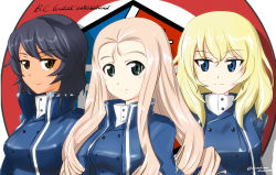 Rule 34 | absurdres, andou (girls und panzer), bc freedom (emblem), bc freedom military uniform, black hair, blonde hair, blue eyes, blue jacket, blue vest, brown eyes, closed mouth, commentary, dark-skinned female, dark skin, dress shirt, drill hair, emblem, girls und panzer, green eyes, high collar, highres, jacket, long hair, long sleeves, looking at viewer, marie (girls und panzer), medium hair, messy hair, military, military uniform, nandemo kanden, oshida (girls und panzer), shirt, side-by-side, smile, twitter username, uniform, vest, white shirt