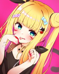 Rule 34 | 1girl, animal (vocaloid), baram, black ribbon, black shirt, blonde hair, candy hair ornament, cat tail, closed mouth, collarbone, commentary request, double bun, fang, fang out, food-themed hair ornament, green eyes, hair bun, hair ornament, hair ribbon, hairclip, hands up, heart, heart hair ornament, highres, long hair, mononobe alice, nijisanji, purple background, ribbon, shirt, short sleeves, solo, tail, tongue, tongue out, twintails, upper body, virtual youtuber, vocaloid