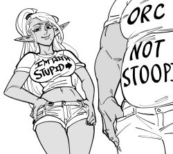 Rule 34 | 1boy, 1girl, arrow (symbol), bb (baalbuddy), breasts, closed mouth, clothes writing, cropped shirt, dark elf, elf, greyscale, half-closed eye, hands on own hips, height difference, highres, large breasts, long hair, looking at viewer, midriff, mole, mole under mouth, monochrome, navel, orc, original, pointy ears, ponytail, short shorts, short sleeves, shorts, simple background, size difference, smile, white background