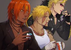 Rule 34 | 3boys, ashwatthama (fate), beard, beowulf (fate), biker clothes, bikesuit, blonde hair, bodysuit, dark-skinned male, dark skin, face jewel, facial hair, fate/grand order, fate (series), fingerless gloves, gloves, holding, iduhara jugo, jacket, jewelry, leather, leather jacket, long sleeves, looking to the side, male focus, multiple boys, muscular, necklace, open mouth, pectorals, red eyes, red hair, sakata kintoki (fate), sakata kintoki (rider) (fate), scar, sunglasses, tank top, tattoo, topless male, upper body, yellow eyes