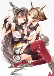 Rule 34 | 10s, 218, 2girls, :o, asymmetrical docking, bare shoulders, black gloves, boots, breast press, breasts, brown hair, chain, cleavage, fingerless gloves, garter straps, gloves, green eyes, hair ornament, kantai collection, large breasts, long hair, midriff, miniskirt, multiple girls, mutsu (kancolle), nagato (kancolle), navel, personification, red eyes, red legwear, short hair, skirt, tears, thigh boots, thighhighs, white gloves, zettai ryouiki