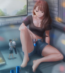 Rule 34 | 1boy, 1girl, absurdres, brown hair, can, couch, denim, denim shorts, drink can, highres, kuroihassan, looking at another, microphone, nail polish, short shorts, shorts, sitting, smile, soda can