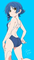 Rule 34 | 1girl, absurdres, adjusting clothes, adjusting swimsuit, aqua background, artist name, ass, back, blue hair, blue one-piece swimsuit, bocchi the rock!, commentary, competition swimsuit, earrings, from behind, highres, jewelry, mole, mole under eye, one-piece swimsuit, short hair, signature, simple background, solo, swimsuit, two-tone swimsuit, white one-piece swimsuit, yamada ryo, yellow eyes, zetsuyo chimayo