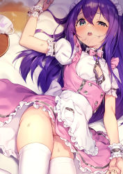 Rule 34 | 1girl, absurdres, alternate costume, apron, bed sheet, blush, bra, breasts, buttons, cleavage, commentary request, cup, double-breasted, drooling, frilled apron, frilled skirt, frills, green eyes, half-closed eye, highres, huge filesize, idolmaster, idolmaster million live!, idolmaster million live! theater days, long hair, looking at viewer, lying, maid headdress, mochizuki anna, no panties, on back, panties, pink panties, pink skirt, puffy short sleeves, puffy sleeves, purple hair, pussy, pussy juice, pussy peek, shennai misha, short sleeves, skindentation, skirt, small breasts, solo, spill, suggestive fluid, tea, teacup, tears, teeth, thighhighs, tongue, tongue out, underwear, waist apron, white apron, white thighhighs, wrist cuffs