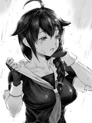 Rule 34 | 1girl, ahoge, black serafuku, braid, breasts, collarbone, commentary request, finger to mouth, greyscale, hair flaps, hair ornament, hair over shoulder, highres, igarashi mangou, kantai collection, long hair, medium breasts, monochrome, one-hour drawing challenge, parted lips, rain, sailor collar, sailor shirt, school uniform, serafuku, shigure (kancolle), shigure kai ni (kancolle), shirt, single braid, solo, upper body