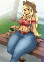 Rule 34 | 1girl, amano cigusa, applejack, bench, blonde hair, bracelet, braid, cleavage cutout, closed mouth, clothing cutout, colored skin, cowboy hat, crop top, denim, grass, green eyes, hat, highres, jeans, jewelry, long hair, midriff, my little pony, my little pony: equestria girls, my little pony: friendship is magic, navel, orange skin, outdoors, pants, park bench, sitting, smile, solo, strapless, thick thighs, thighs, tree, wide hips