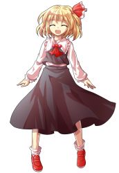 Rule 34 | 1girl, ^ ^, alphes (style), arms at sides, blonde hair, blouse, closed eyes, dairi, fang, full body, hair ornament, hair ribbon, happy, open mouth, parody, red footwear, ribbon, rumia, shirt, shoes, short hair, smile, style parody, touhou, transparent background, vest
