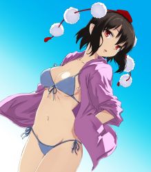 Rule 34 | 1girl, alternate costume, bikini, black hair, breasts, brown hair, cl (h-sys.), cleavage, cyiell (c1), female focus, front-tie top, gradient background, hands in pockets, hands on own hips, hat, jacket, jacket over swimsuit, looking at viewer, navel, open mouth, pointy ears, red eyes, shameimaru aya, short hair, side-tie bikini bottom, simple background, solo, swimsuit, tokin hat, touhou