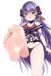 Rule 34 | 1girl, absurdres, barefoot, blush, feet, foot focus, green eyes, highres, ib (yu-gi-oh!), knightmare corruptor iblee, long hair, looking at viewer, lts kakuyo, open mouth, purple hair, simple background, soles, solo, toes, white background, yu-gi-oh!