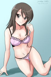 Rule 34 | 1girl, arm support, artist name, bra, breasts, brown eyes, brown hair, cleavage, closed mouth, commentary, dated, girls und panzer, green background, hand in own hair, leaning to the side, lingerie, long hair, looking at viewer, matsui yasutsugu, medium breasts, mika (girls und panzer), navel, no headwear, one-hour drawing challenge, panties, pink bra, pink panties, shadow, signature, sitting, skindentation, smile, solo, string panties, underwear, underwear only, yokozuwari