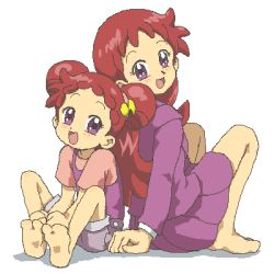 Rule 34 | 2girls, :d, age comparison, back-to-back, barefoot, blush, commentary, dual persona, english commentary, feet, full body, hair ornament, harukaze doremi, jacket, jaggy lines, kasuga (kasuga39), long hair, long sleeves, lowres, multiple girls, oekaki, ojamajo doremi, open mouth, pixel art, purple eyes, purple jacket, purple shorts, purple skirt, red hair, school uniform, shirt, short sleeves, shorts, shorts rolled up, simple background, sitting, skirt, smile, t-shirt, time paradox, very long hair, white background