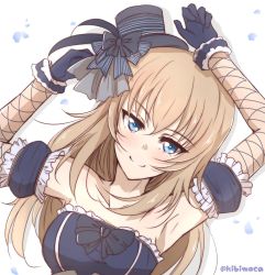 Rule 34 | 1girl, alternate costume, armpits, arms up, bare shoulders, black border, blue dress, blue eyes, blue gloves, blue hat, blush, border, bow, closed mouth, commentary, dress, elbow gloves, fishnet gloves, fishnets, frilled dress, frilled gloves, frills, from above, girls und panzer, gloves, hat, hat bow, highres, idol, itsumi erika, kibimoka, light blush, long hair, looking at viewer, lying, mini hat, mini top hat, on back, silver hair, smile, solo, strapless, strapless dress, top hat, twitter username