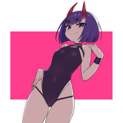 Rule 34 | 1girl, bare shoulders, black one-piece swimsuit, blush, bob cut, breasts, chan co, closed mouth, covered navel, eyeliner, fate/grand order, fate (series), highleg, highleg swimsuit, highres, horns, looking at viewer, makeup, one-piece swimsuit, oni, pink background, purple eyes, purple hair, short hair, shuten douji (fate), skin-covered horns, small breasts, smile, swimsuit, thighs, two-tone background, white background, wristband