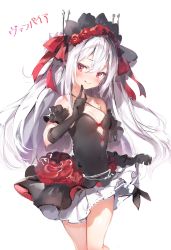 Rule 34 | 1girl, :q, absurdres, azur lane, black dress, black gloves, blush, breasts, cleavage, clothes lift, dress, dress lift, elbow gloves, gloves, hair between eyes, highres, long hair, medium breasts, red eyes, solo, standing, tongue, tongue out, umibouzu (niito), vampire (azur lane), vampire (eloi&#039;s blessing) (azur lane), white background, white hair