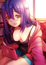 Rule 34 | 1girl, ahoge, breasts, cleavage, commentary request, hair between eyes, hatomugi (mugicha), highres, hood, hooded jacket, idolmaster, idolmaster million live!, jacket, long hair, medium breasts, mochizuki anna, nintendo switch, open mouth, purple hair, shorts, solo, tank top, yellow eyes