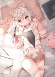 Rule 34 | 1girl, ahoge, animal ears, bed sheet, black camisole, blush, bow, camisole, cat ears, cat girl, cat tail, closed mouth, commentary request, drawing tablet, drawstring, eyes visible through hair, hair ornament, hair over one eye, hairclip, hands up, highres, holding, holding stylus, hood, hood down, hooded jacket, jacket, long sleeves, looking at viewer, lying, mafuyu (chibi21), multicolored hair, notepad, on back, open clothes, open jacket, original, pen, pillow, pinching sleeves, pink bow, red eyes, red hair, sleeves past wrists, smile, solo, strap slip, streaked hair, striped clothes, striped jacket, stuffed animal, stuffed pig, stuffed toy, stylus, tail, tail bow, tail ornament, virtual youtuber, x hair ornament