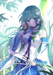 Rule 34 | 1girl, ahase hino, backlighting, bare shoulders, bloom, blue skirt, breasts, closed mouth, cowboy shot, day, detached sleeves, forest, frog hair ornament, gohei, green hair, hair ornament, hair tubes, hand up, highres, holding, kochiya sanae, long hair, long sleeves, looking at viewer, medium breasts, nature, navel, outdoors, overexposure, shirt, skirt, smile, snake hair ornament, solo, standing, touhou, tree, very long hair, white shirt, wide sleeves