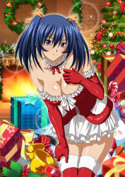 Rule 34 | 00s, 1girl, bare shoulders, bashoku youjou, blue hair, blush, breasts, christmas, cleavage, female focus, fire, hair ornament, ikkitousen, large breasts, leaning forward, looking at viewer, purple eyes, short twintails, smile, solo, standing, thighhighs, twintails