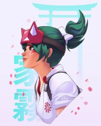 Rule 34 | 1girl, brown eyes, facepaint, from side, green hair, grey background, hair behind ear, highres, japanese clothes, kimono, kiriko (overwatch), looking ahead, noush, overwatch, overwatch 2, petals, ponytail, profile, smile, solo, torii, white kimono