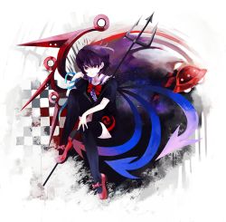 Rule 34 | 1girl, black hair, black thighhighs, female focus, houjuu nue, oburaato, polearm, red eyes, short hair, snake, solo, spear, thighhighs, touhou, trident, ufo, weapon, white background, wings, zettai ryouiki
