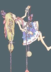 Rule 34 | 1girl, :d, barefoot, blonde hair, blue skirt, bow, chain, commentary, fang, gourd, hair bow, hair ribbon, head tilt, highres, horn bow, horn ornament, horns, ibuki suika, long hair, looking at viewer, multicolored clothes, multicolored skirt, neck ribbon, ofuda, oni, oni horns, open mouth, red ribbon, ribbon, ribbon-trimmed skirt, ribbon trim, shirt, skirt, smile, solo, torn clothes, torn sleeves, touhou, white bow, white shirt, white skirt, wrist cuffs, yamasina009