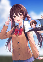 Rule 34 | 1boy, 1girl, absurdres, bad id, bad twitter id, black hair, blurry, blurry background, blush, bow, bowtie, breasts, brown hair, cellphone, cloud, cloudy sky, commentary, earrings, english commentary, eyeliner, eyeshadow, flower-shaped pupils, genshin impact, gradient hair, hair between eyes, hand up, highres, holding, holding phone, hu tao (genshin impact), jacket, jewelry, long hair, long sleeves, looking at viewer, makeup, medium breasts, miniskirt, mugiko mz, multicolored hair, necktie, open mouth, outdoors, phone, red eyes, red eyeshadow, school uniform, shirt, skirt, sky, smartphone, smile, star-shaped pupils, star (symbol), symbol-shaped pupils, taking picture, twintails, upper body, v, white necktie, yellow eyes, zhongli (genshin impact)