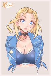 Rule 34 | 1girl, alternate breast size, black sports bra, blonde hair, blue eyes, blue jacket, breasts, cammy white, choker, cleavage, commentary, cropped jacket, cropped torso, english commentary, facial scar, hair slicked back, jacket, large breasts, leather, leather jacket, looking at viewer, open clothes, open jacket, scar, scar on cheek, scar on face, short hair, solo, sports bra, street fighter, street fighter 6, upper body, x-t3al