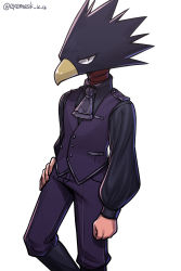Rule 34 | 1boy, absurdres, alternate costume, animal head, arm at side, black footwear, black shirt, boku no hero academia, boots, closed mouth, clothing request, commentary request, eyemask u u, feet out of frame, hand on own hip, highres, knee boots, long sleeves, looking at viewer, male focus, pants, red eyes, shirt, simple background, solo, tokoyami fumikage, twitter username, vest, white background