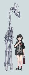 Rule 34 | 1girl, absurdres, animal skull, bare legs, black footwear, black hair, black shirt, bob cut, bone, briefcase, commentary request, drinking, drinking straw, drinking straw in mouth, full body, glasses, grey background, heart (organ), highres, holding, holding briefcase, juice box, original, red socks, shirt, short hair, short sleeves, simple background, skeleton, socks, solo, standing, t-shirt, tokiwata soul