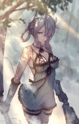 Rule 34 | 1girl, absurdres, bandaged neck, bandages, bare shoulders, black gloves, blue eyes, braid, branch, breasts, chain, closed mouth, commentary request, day, detached sleeves, dress, dual wielding, flower, gloves, grey hair, hair flower, hair ornament, hair over one eye, highres, holding, holding sword, holding weapon, kaine (nier), looking at viewer, medium breasts, medium hair, nier, nier (series), outdoors, reverse grip, shadow, short dress, sleeveless, solo, sunlight, sword, thighhighs, weapon, white flower, yasu (segawahiroyasu), zettai ryouiki