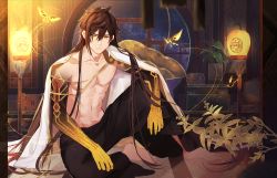 Rule 34 | 1boy, abs, arm tattoo, barefoot, black pants, brown hair, closed mouth, commentary request, earrings, genshin impact, goroo (eneosu), hair between eyes, highres, huge filesize, indoors, jewelry, knee up, long hair, male focus, night, night sky, pants, single earring, sitting, sky, solo, star (sky), starry sky, tattoo, very long hair, yellow eyes, zhongli (genshin impact)