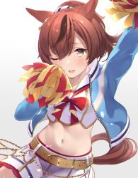 Rule 34 | 1girl, absurdres, animal ears, belt, blue jacket, blush, bow, breasts, brown eyes, chain, commentary request, cowboy shot, cropped shirt, ear ornament, gold chain, highres, holding, holding pom poms, horse ears, horse girl, horse tail, jacket, long sleeves, medium hair, midriff, multicolored hair, navel, nice nature (run&amp;win) (umamusume), nice nature (umamusume), noa0319, official alternate costume, official alternate hairstyle, one eye closed, open clothes, open jacket, open mouth, pom pom (cheerleading), pom poms, red bow, red hair, sailor collar, shirt, shorts, simple background, skirt, small breasts, smile, solo, streaked hair, sweat, tail, thigh strap, umamusume, white background, white shirt, white skirt, yellow belt, yellow shorts