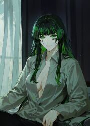 Rule 34 | 1girl, alfonso (project moon), atris2nd, barcode, barcode tattoo, black pants, breasts, cleavage, closed mouth, collared shirt, commentary, dress shirt, english commentary, green eyes, green hair, grey shirt, highres, indoors, large breasts, light smile, limbus company, long hair, long sleeves, looking at viewer, pants, partially unbuttoned, project moon, shirt, solo, tattoo, wing collar