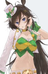Rule 34 | 1girl, 9 no seicho nikki, absurdres, ahoge, animal ears, arm belt, arm up, bandeau, belt, blouse, blue eyes, breasts, brown hair, choker, cleavage, collarbone, commentary, cowboy shot, cropped jacket, green bandeau, green shirt, groin, hair between eyes, hair ornament, hairclip, hand on own head, hat, head tilt, highres, horse ears, horse girl, horse tail, jacket, large breasts, long hair, looking at viewer, midriff, mini hat, mr. c.b. (umamusume), navel, open clothes, open jacket, pants, parted lips, shirt, sidelocks, simple background, single bare shoulder, single sleeve, solo, standing, tail, umamusume, white background, white belt, white hat, white jacket, white pants, wrist cuffs, yellow choker