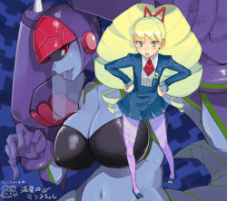 Rule 34 | 00s, 2girls, bad id, bad pixiv id, big hair, blonde hair, blue skin, breasts, capcom, cleavage, colored skin, drill hair, dual persona, gloves, hands on own hips, large breasts, long hair, luna platz (mega man), mega man (series), mega man star force, midriff, multiple girls, multiple persona, navel, pantyhose, queen ophiuca (mega man), red eyes, school uniform, skirt, striped clothes, striped legwear, striped pantyhose, tail, takayama toshinori, tongue, tongue out, twin drills, twintails, yellow eyes