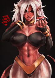 Rule 34 | 1girl, abs, absurdres, android 21, bangle, black nails, black sclera, bracelet, breasts, cleavage, colored sclera, colored skin, commentary, curly hair, detached sleeves, dragon ball, dragon ball fighterz, ear piercing, earrings, english commentary, english text, covered erect nipples, food, harem pants, highres, hoop earrings, jewelry, large breasts, licking lips, long hair, macaron, majin android 21, monori rogue, nail polish, neck ring, pants, piercing, pink skin, red eyes, ring, solo, strapless, tail, tongue, tongue out, tube top