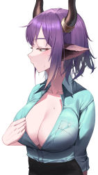 Rule 34 | 1girl, animal ears, arknights, black pants, blush, breasts, brown eyes, cleavage, clothes pull, collarbone, cow ears, cow girl, cow horns, highres, horns, large breasts, open clothes, open shirt, pants, purple hair, shirt pull, short hair, sideroca (arknights), siguya, simple background, solo, white background
