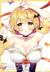Rule 34 | 1girl, absurdres, ahoge, arm up, armpits, ayamy, bare shoulders, blonde hair, blush, bow, bracelet, breasts, choker, cleavage, collarbone, fingernails, frills, hair ornament, hand up, highres, hololive, jewelry, large breasts, open mouth, polka dot, polka dot background, scan, simple background, solo, upper body, virtual youtuber, yellow eyes, yozora mel, yozora mel (1st costume)