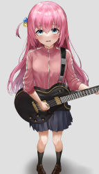 Rule 34 | 1girl, absurdres, black skirt, black socks, blue eyes, blush, bocchi the rock!, brown footwear, commentary, cube hair ornament, electric guitar, facing viewer, gibson les paul, gotoh hitori, guitar, hair between eyes, hair ornament, highres, instrument, jacket, kneehighs, lds (dstwins97), loafers, long hair, long sleeves, open mouth, pink hair, pink jacket, pleated skirt, shoes, skirt, socks, solo, sweatdrop, track jacket, wavy mouth