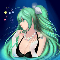 Rule 34 | 1girl, ask (askzy), babyface (artist), bad id, bad pixiv id, bare shoulders, breasts, cleavage, elbow gloves, female focus, fingerless gloves, gloves, green eyes, green hair, hatsune miku, jewelry, large breasts, lips, long hair, matching hair/eyes, nail polish, necklace, solo, upper body, vocaloid